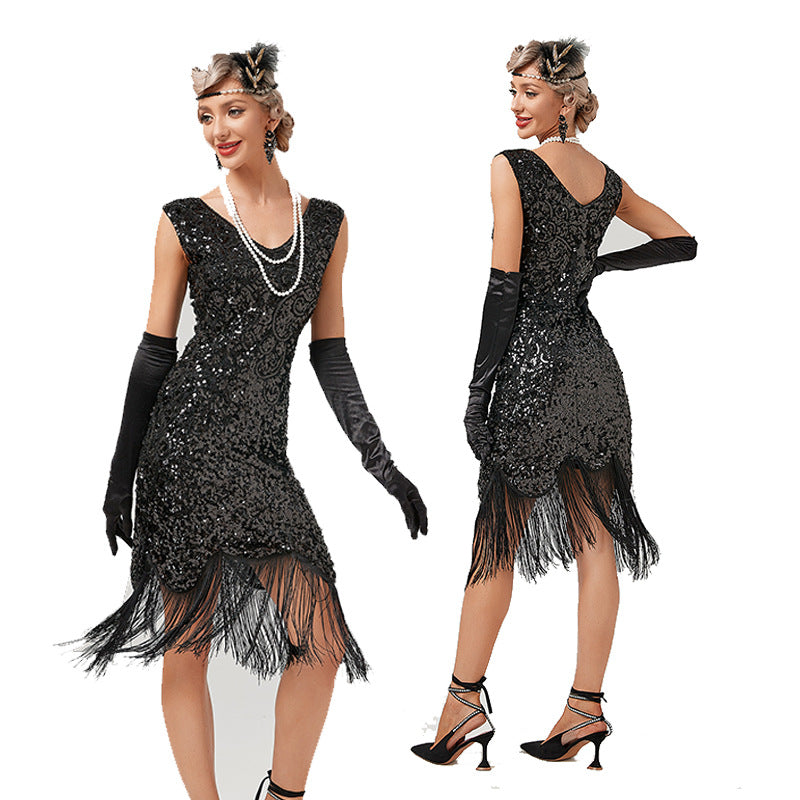 1920s The Great Gatsby Outfit Sheath/Column V-Neck Sequins Vintage Dresses, XS / Black