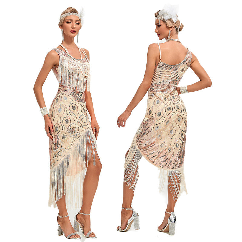 1920s The Great Gatsby Outfit Sheath/Column One-Shoulder Sequins Vintage Dresses, S / Apricot