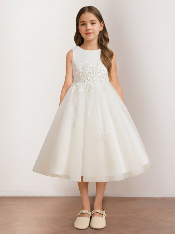 Girls Tea-Length Flower Girl Dress With Tulle & Lace - Spaghetti Strap Pageant Party Dress