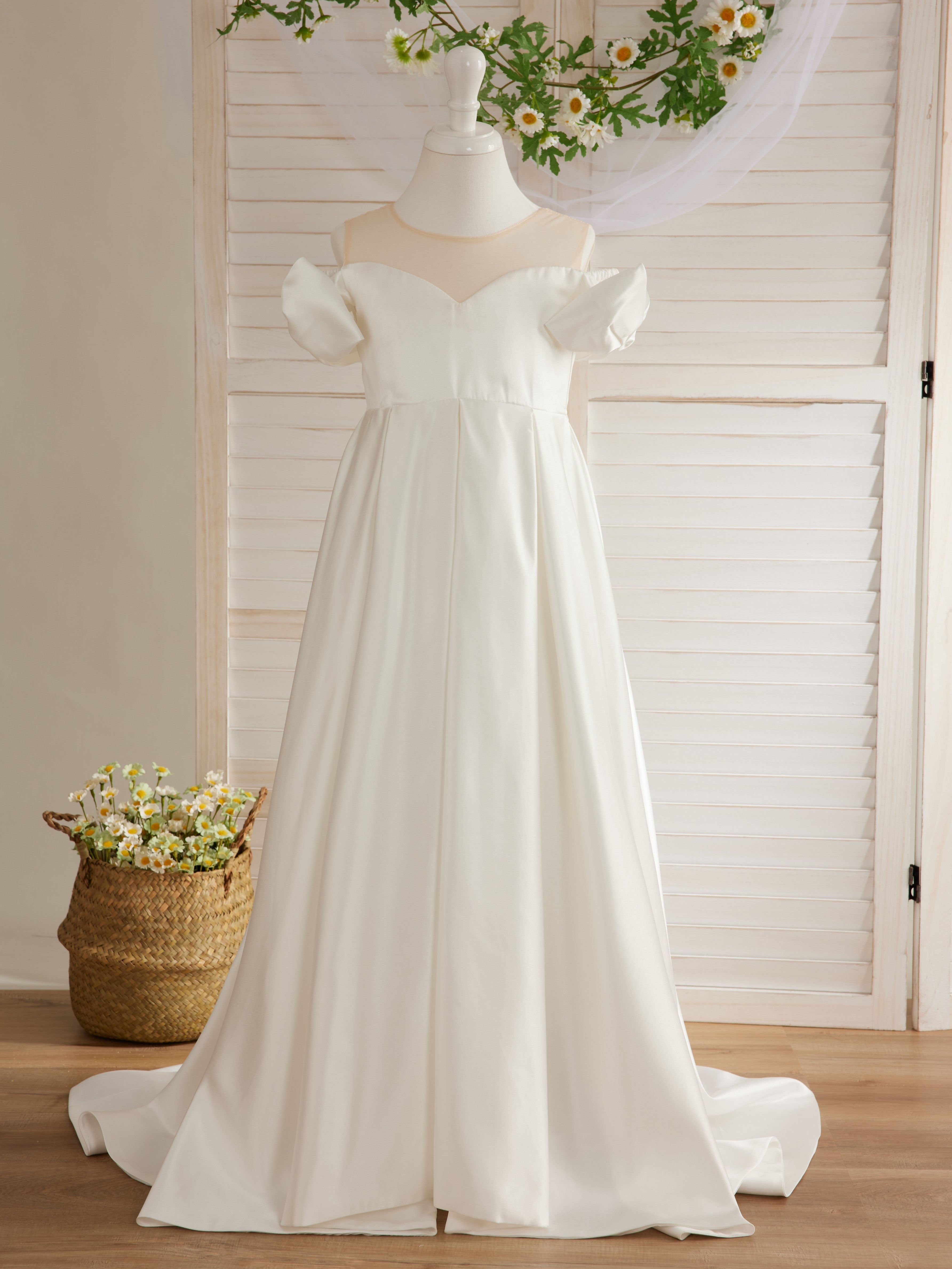 One-Shoulder Satin Dresses with Sweep Train Ivory