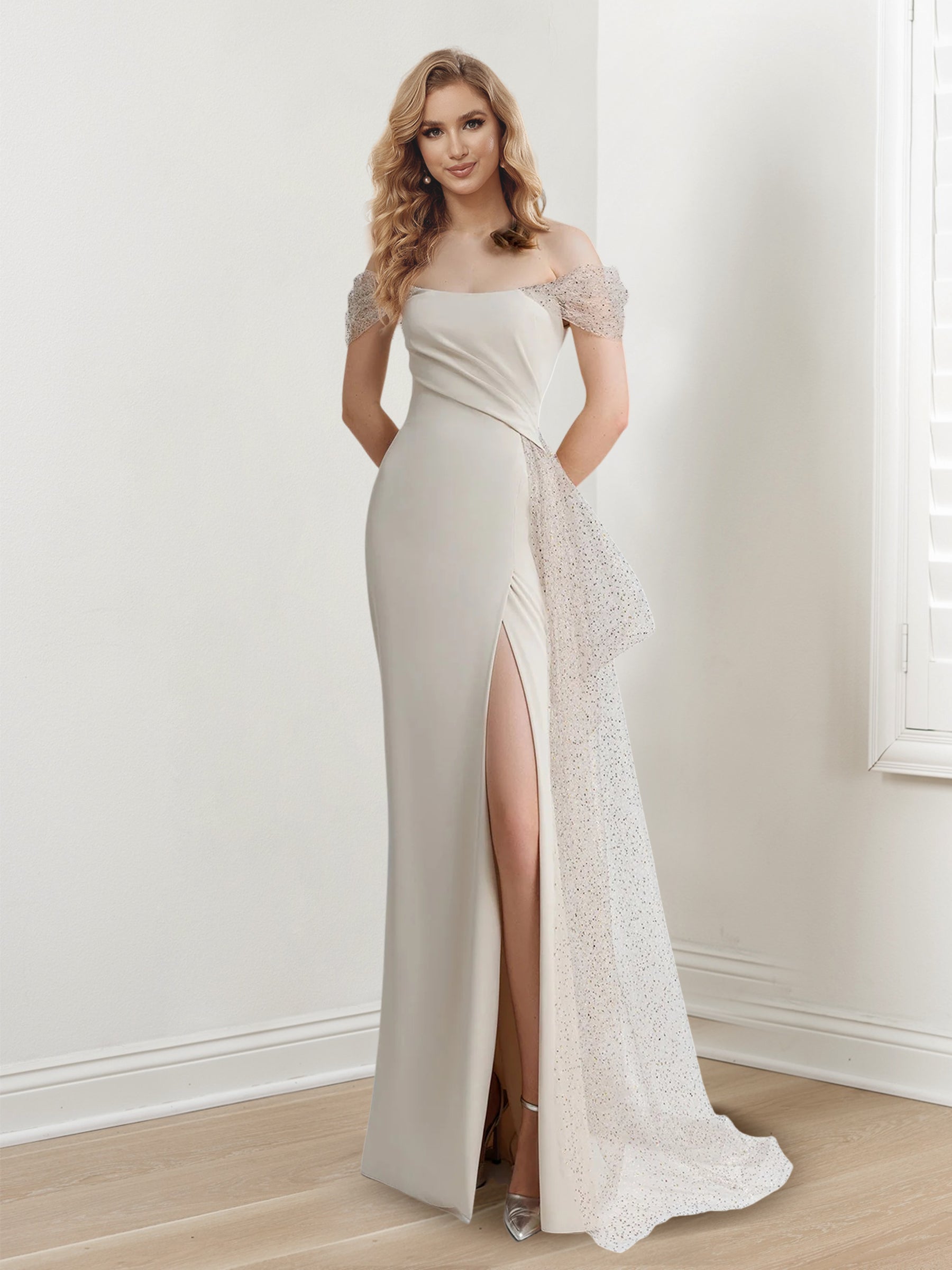 Sheath/Column Off-the-Shoulder 3/4 Sleeves Floor-Length Evening Dresses with Appliques