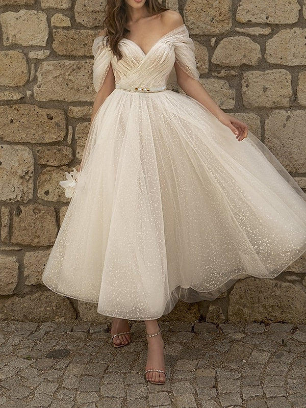 A-Line/Princess Off Shoulder Short Sleeve Tea Length Wedding Dress