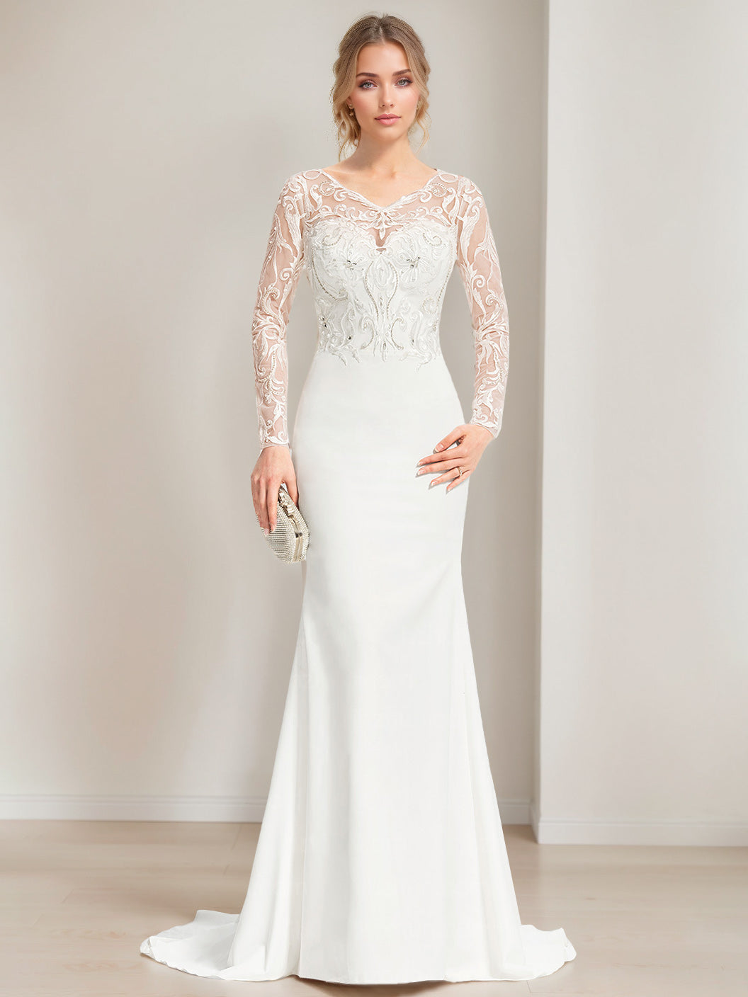 Mermaid/Trumpet V-Neck Long Sleeves Floor-Length Wedding Dresses with Beading