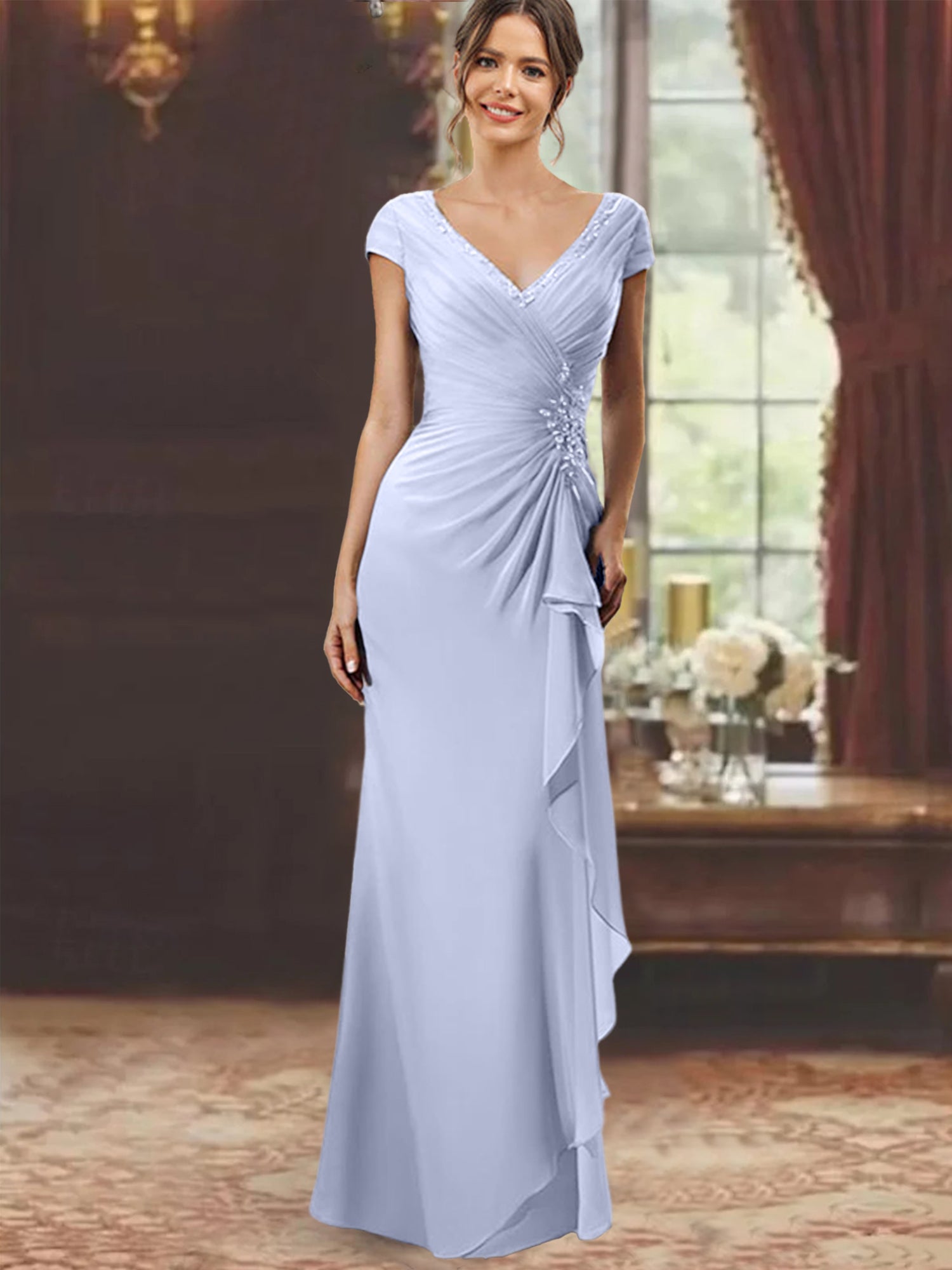 Sheath/Column V-Neck Floor-Length Mother of the Bride Dresses