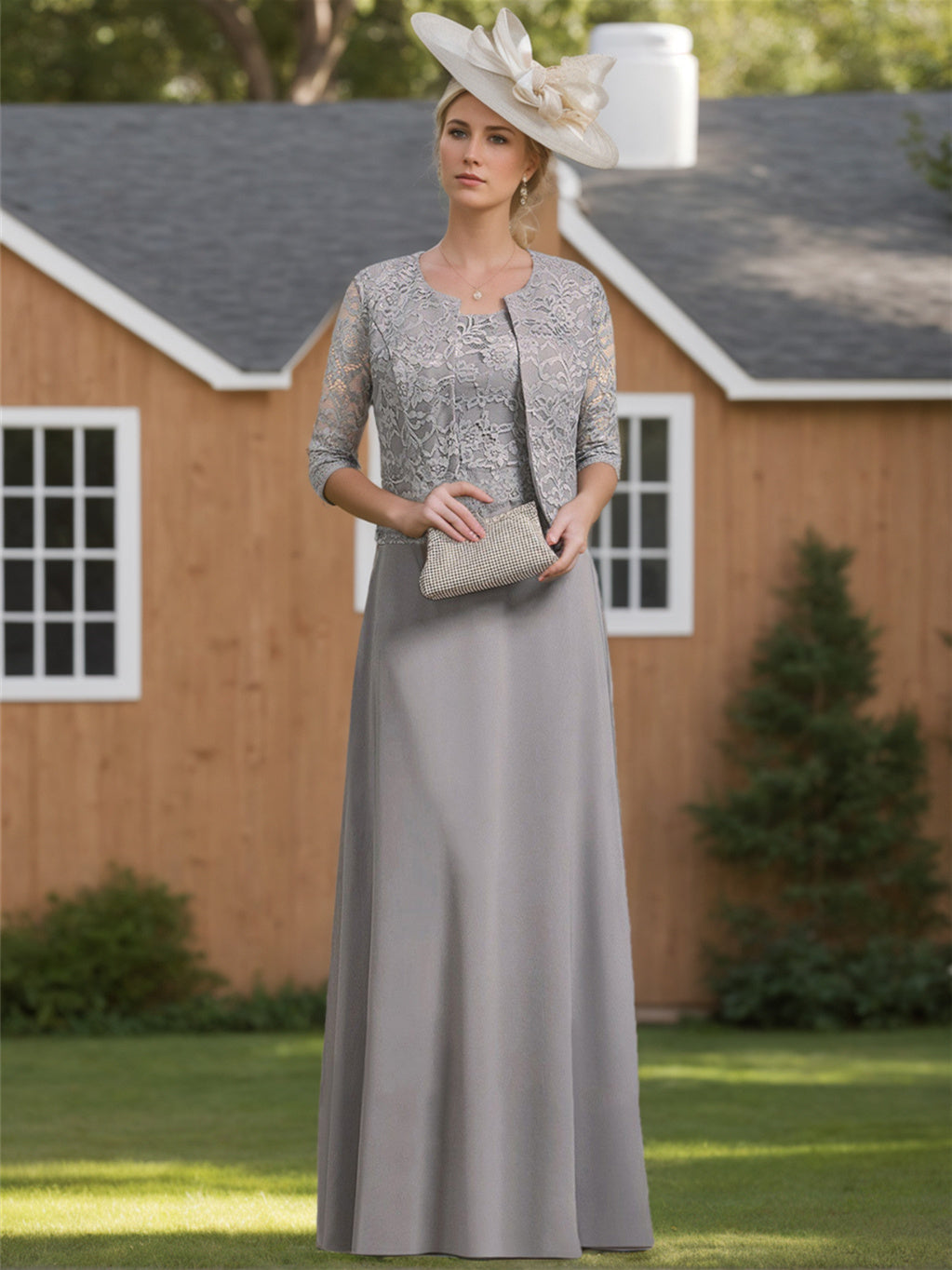 Sheath/Column Chiffon Scoop Half Sleeves 2 Pieces with Split Side