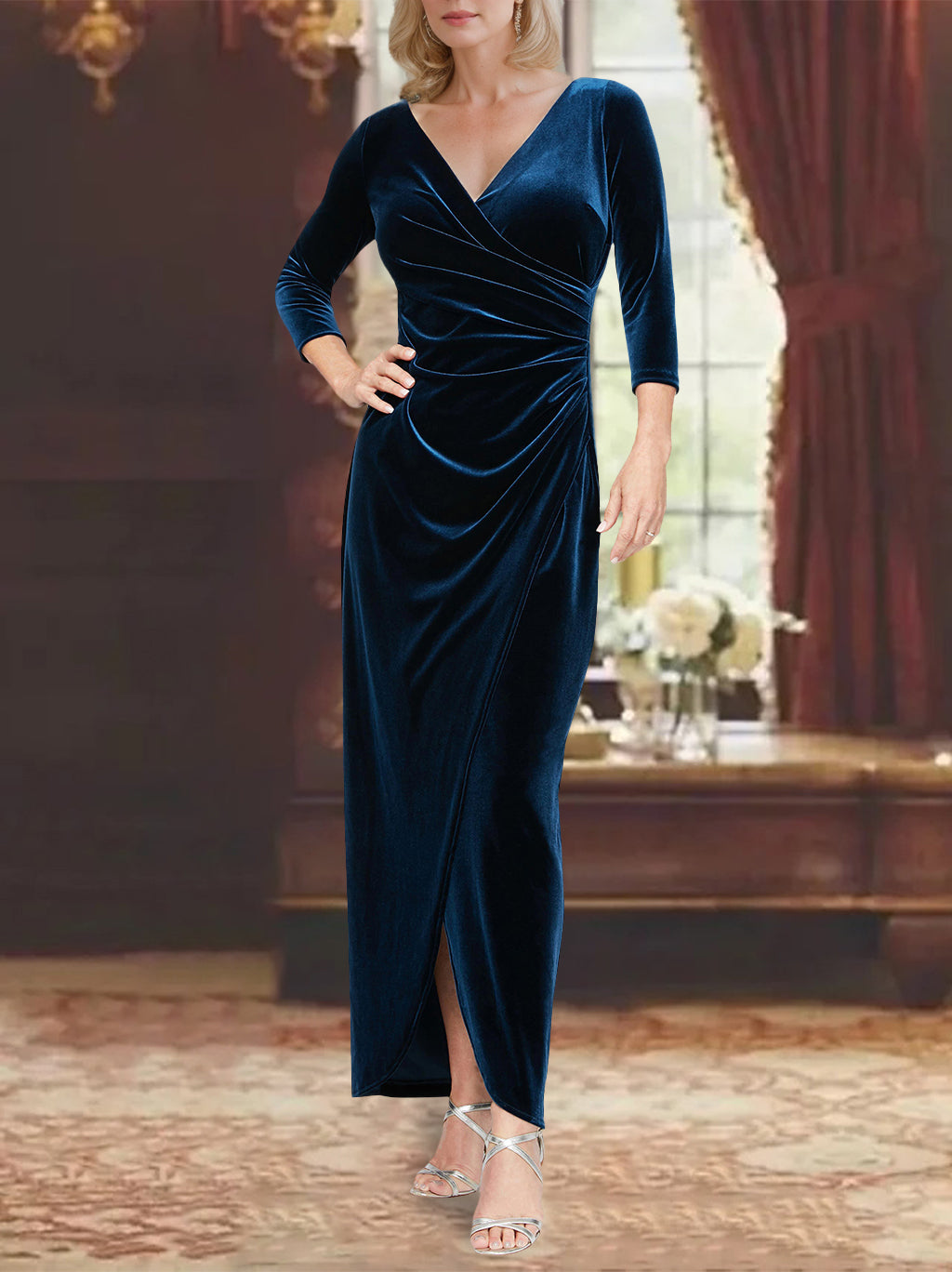 A-Line/Princess V-Neck 3/4 Sleeves Asymmetrical Mother of the Bride Dresses with Ruffle main image 1