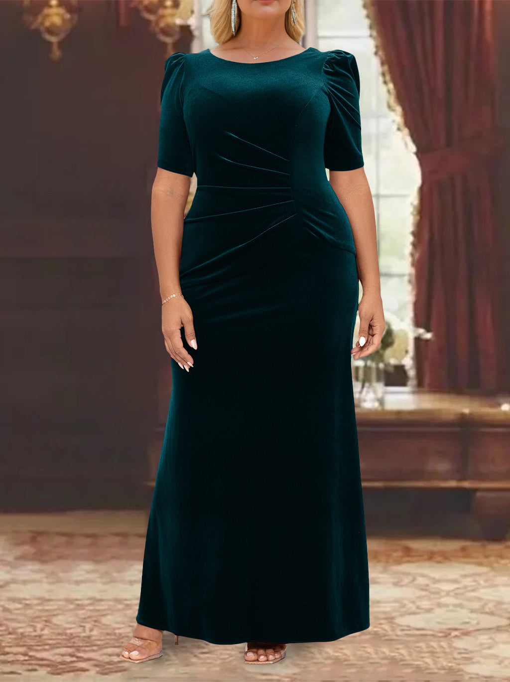 A-Line/Princess Scoop Half Sleeves Plus Size Mother of the Bride Dresses with Ruffles & Beading main image 0