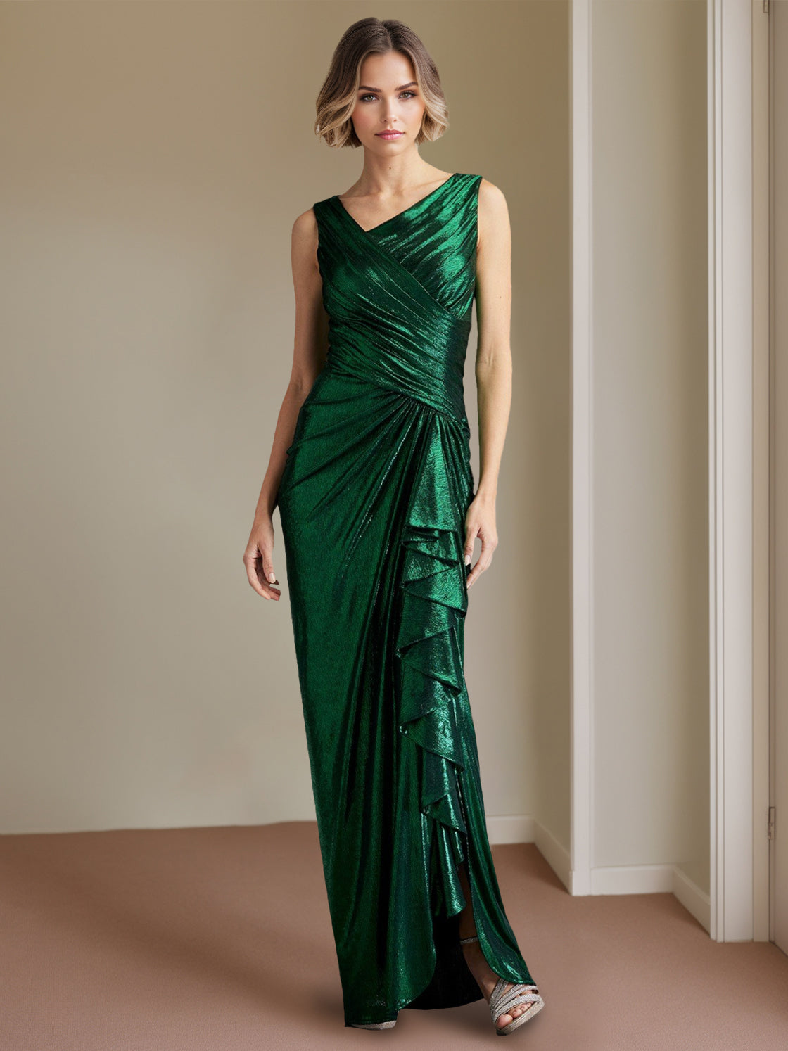 Elegant Sheath Asymmetric Neck Sleeveless Sequins Bow knot Floor-Length Prom Dress