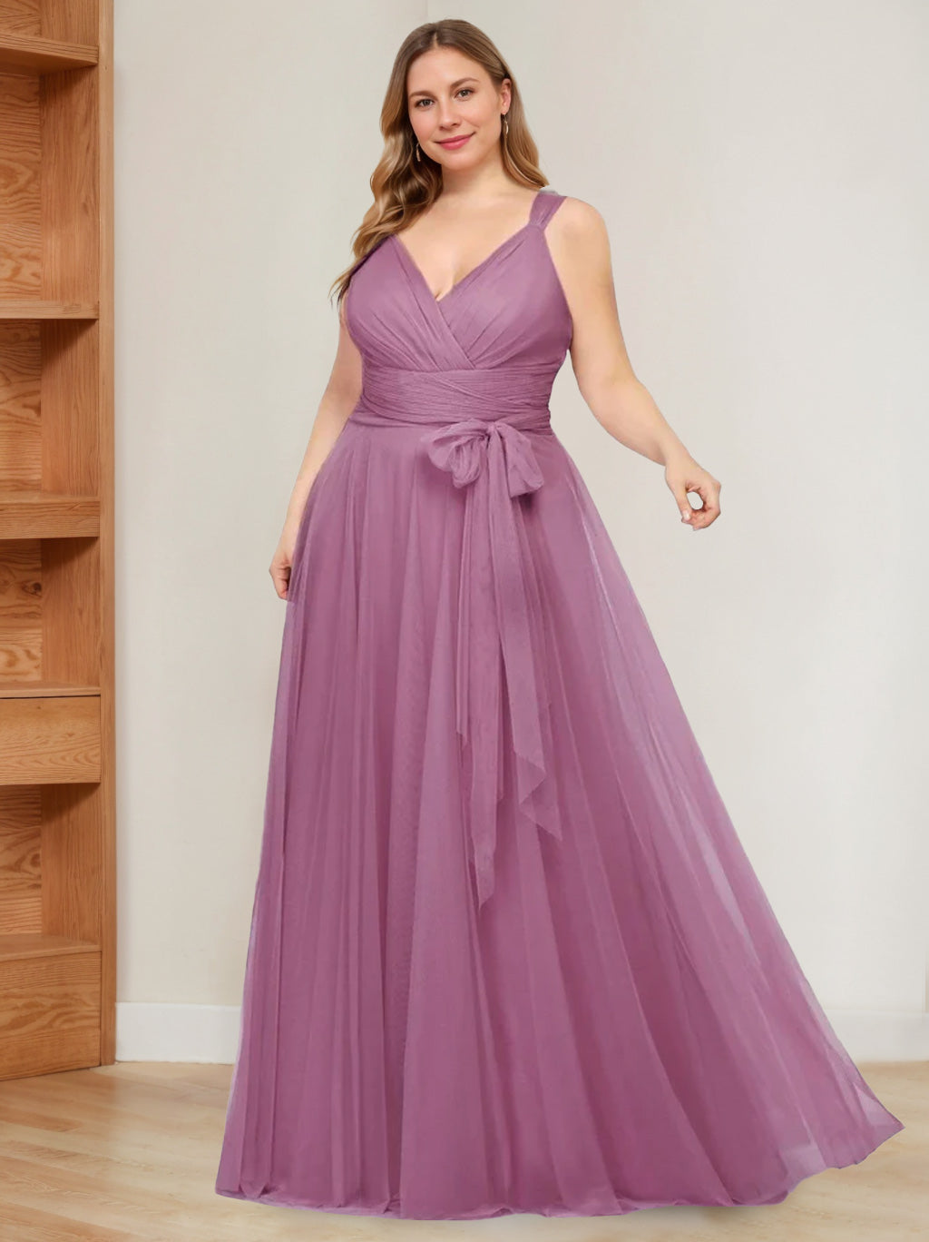 Lace and Tulle Floor Length Dress with V neck Stormy Plus Size main image 1