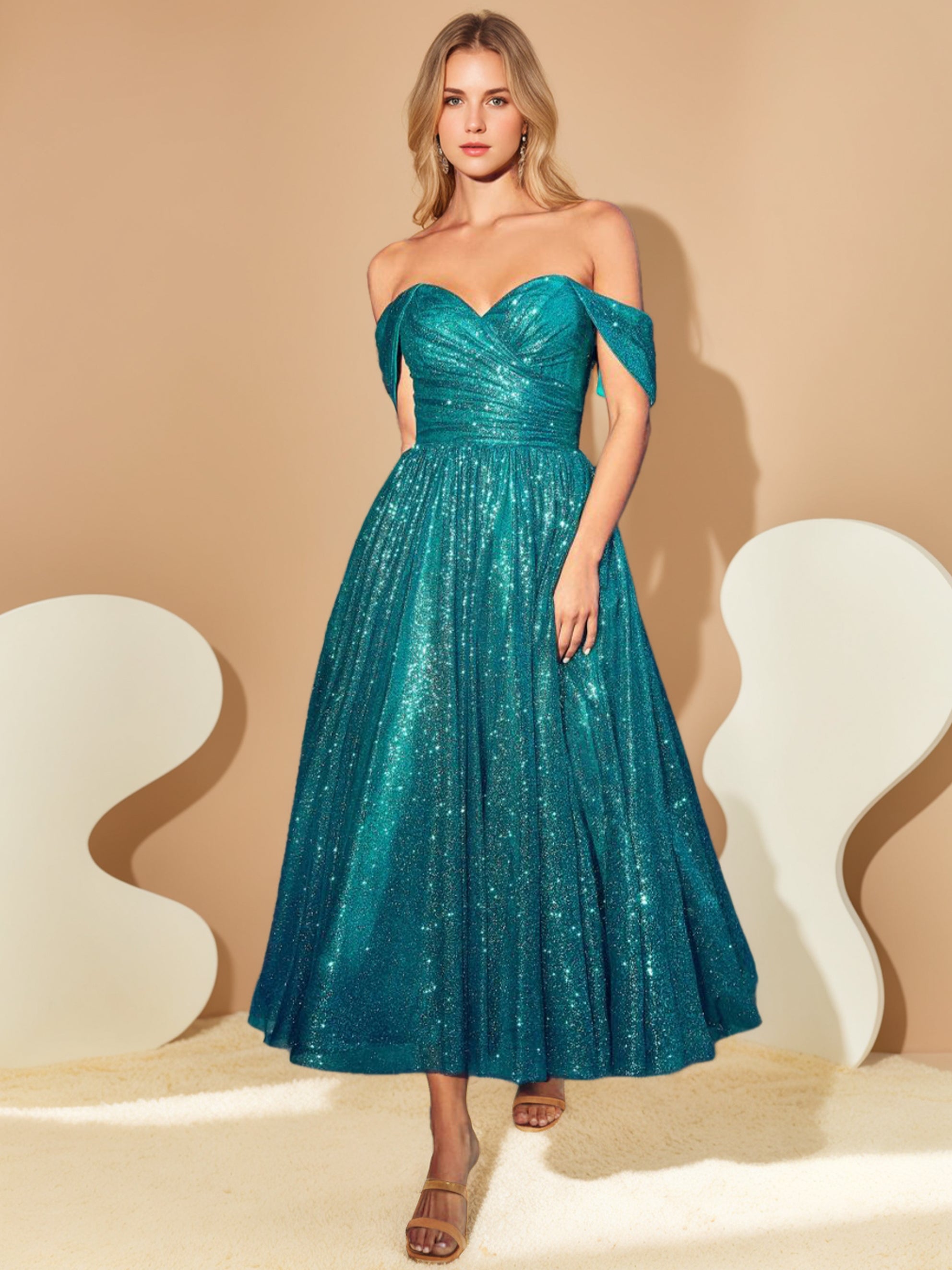 A-Line/Princess Other Ruched Off-the-Shoulder Sleeveless Tea-Length Dresses