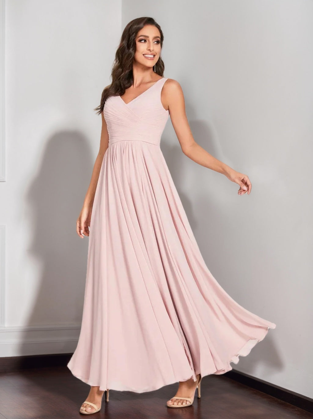 A-Line/Princess Chiffon V Neck Sleeveless Floor-Length Bridesmaid Dresses