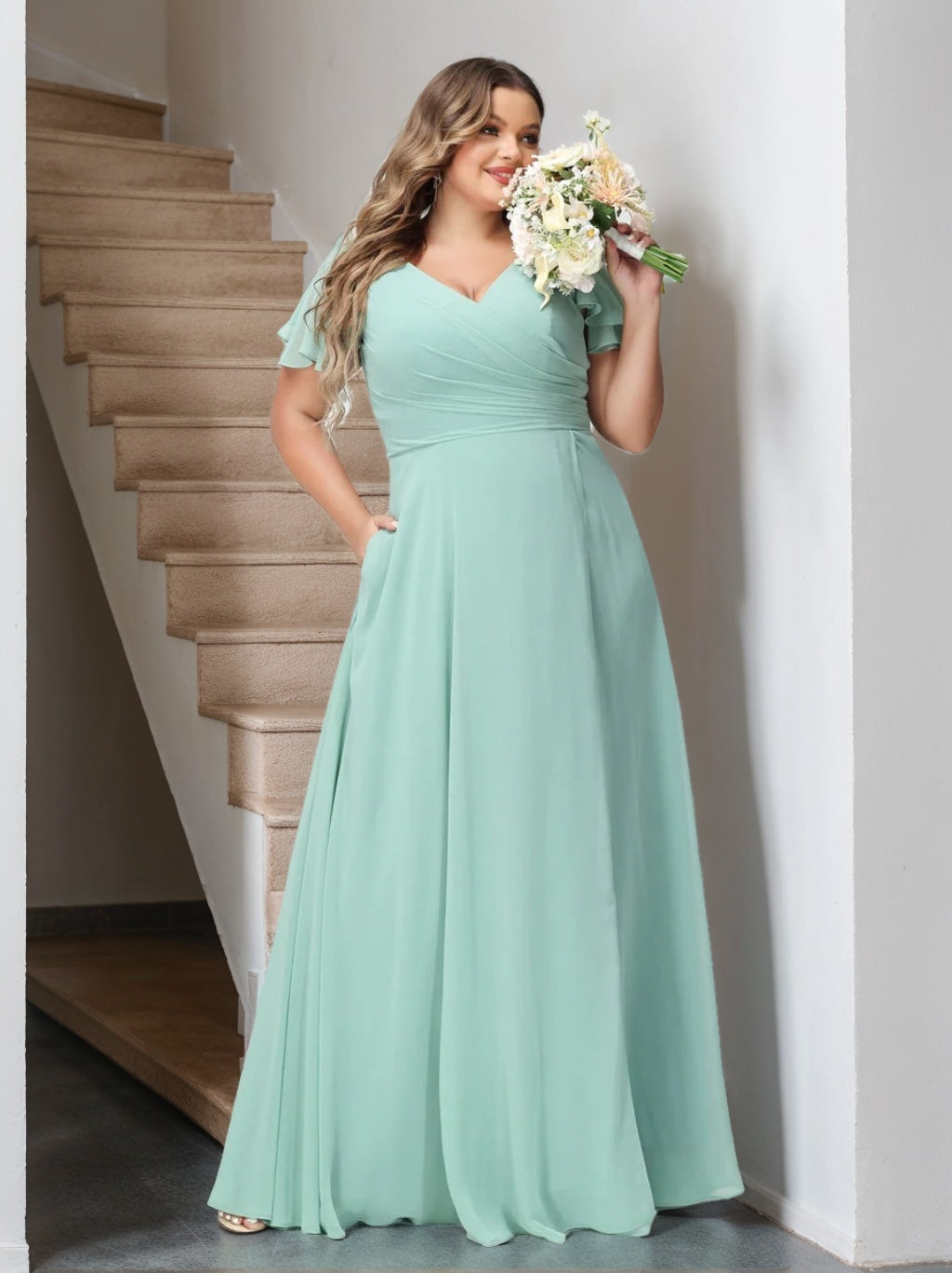 Regency A-line V Neck Chiffon Pleated Ruffles Long Bridesmaid Dress