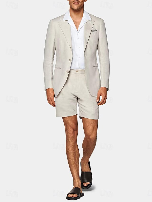 Men's Tailored Fit Single Breasted Two-buttons 2 Pieces Solid Colored Linen Suits
