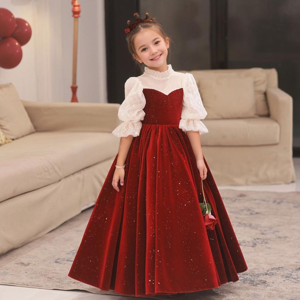 Half Sleeves High Neck A-Line/Princess Flower Girl Dress with Rhinestone Appliques