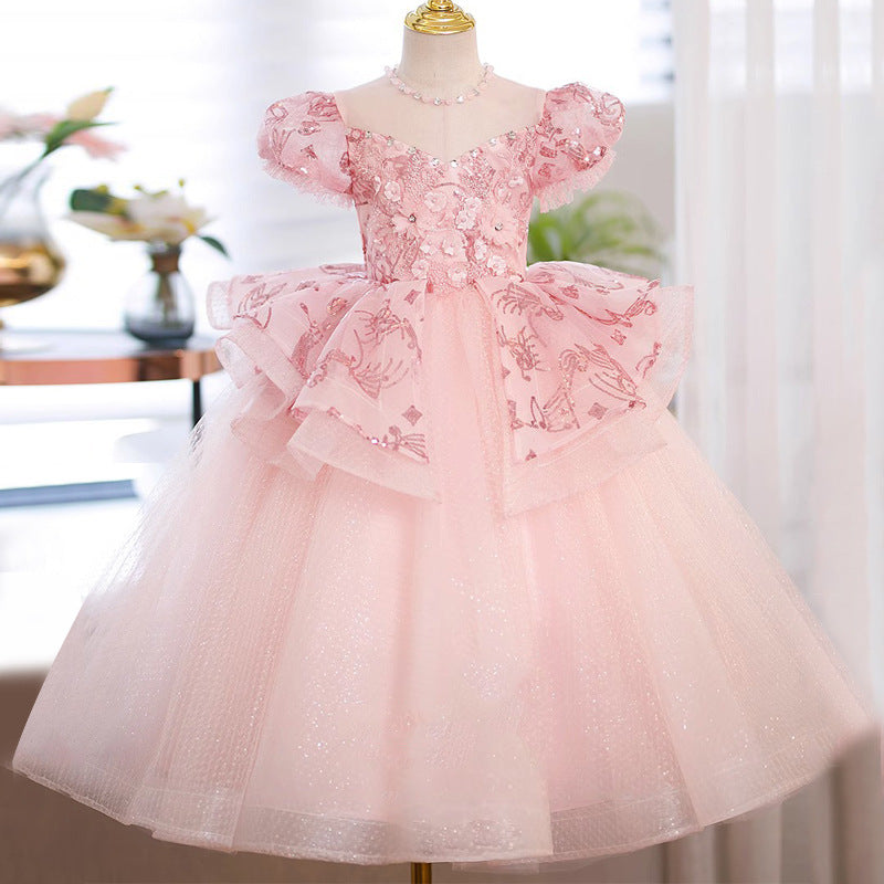 Princess Short Sleeves Ball Gown Girl Party Dress with Crystal Flower Appliques
