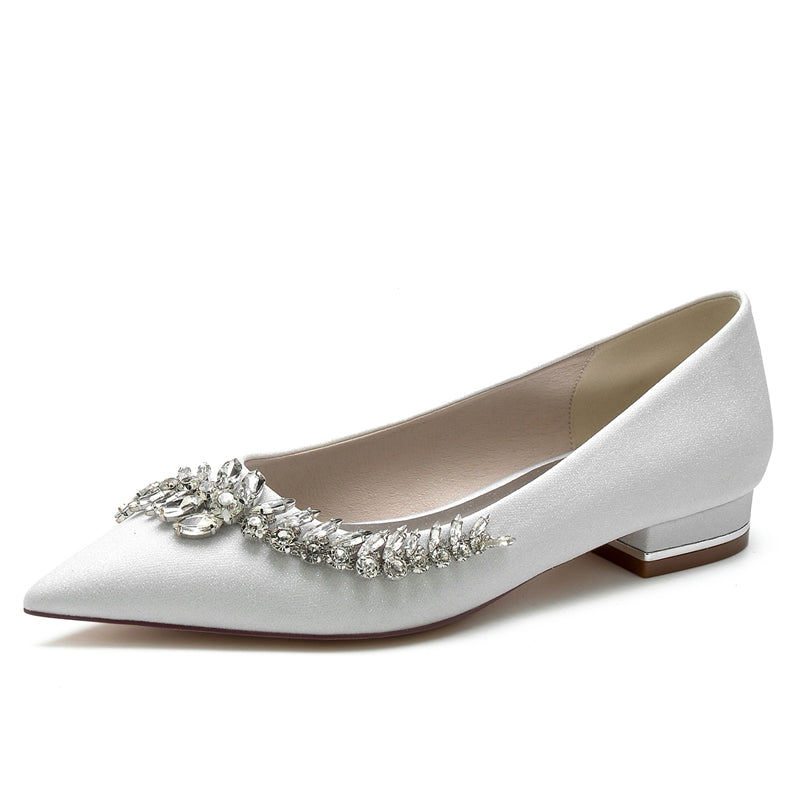 Women's Wedding Shoes Pointed Toe Low Heel Minimalist Bridal Shoes with Crystals