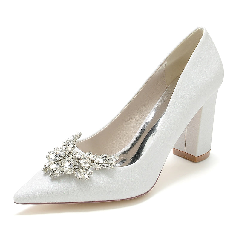 Women's Wedding Shoes Pointed Toe Pleated Low Heel Bridal Shoes with Crystals