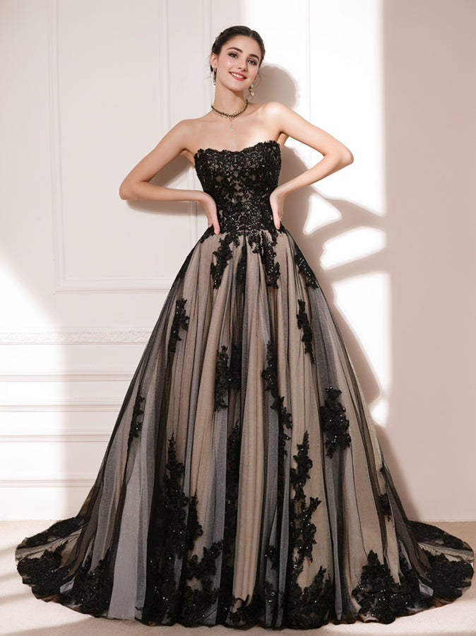 Ball Gown Strapless Sleeveless Black Wedding Dress with Beading & Appl