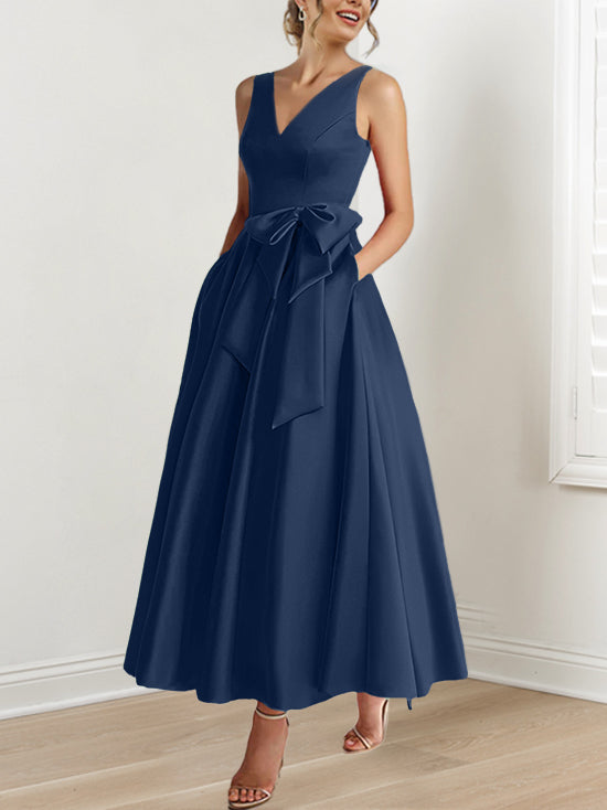 A-Line/Princess V-Neck Sleeveless Ankle-Length Mother of the Bride Dresses with Pockets Ruffles