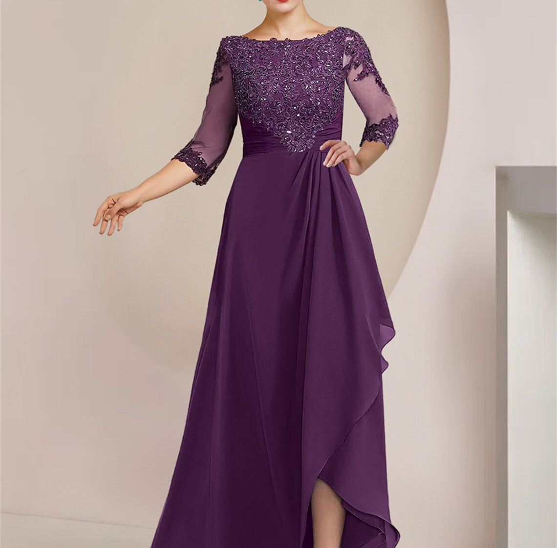 A-Line/Princess Scoop Floor-Length Split Side Evening Dresses With Ruched
