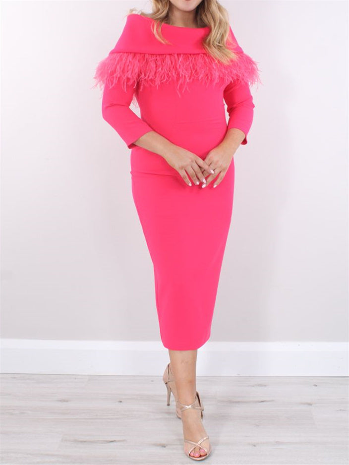 Sheath/Column Scoop Tea-Length 3/4 Sleeves Pleated Mother of the Bride Dresses with Crystal