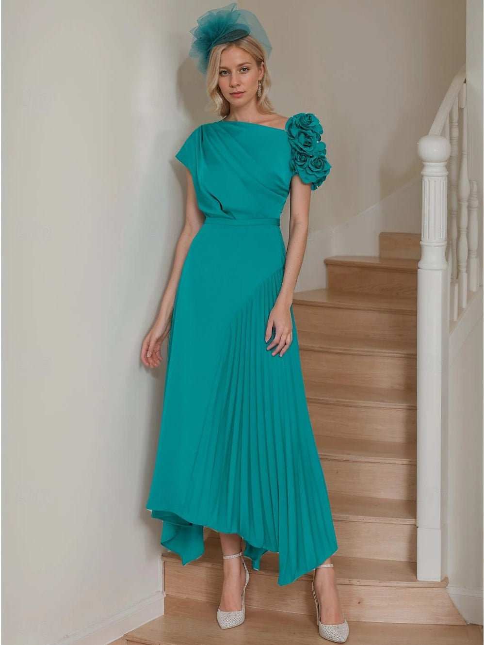 A-Line/Princess One-shoulder Short Sleeves Tea-Length Mother of the Bride Dresses with Ruffles
