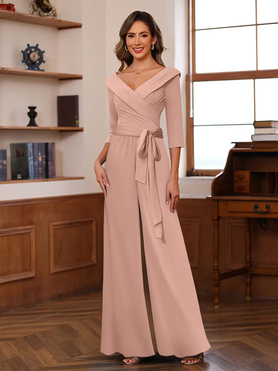 Chiffon Bridesmaids Pantsuits Ruched Chiffon V-Neck 3/4 Sleeves
