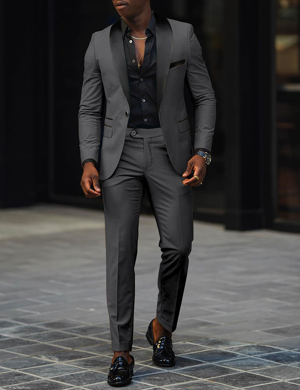 Dark Gray Men's Tailored Fit Single Breasted One-Button 2 Pieces Prom Wedding Suits, image size:1000x1300