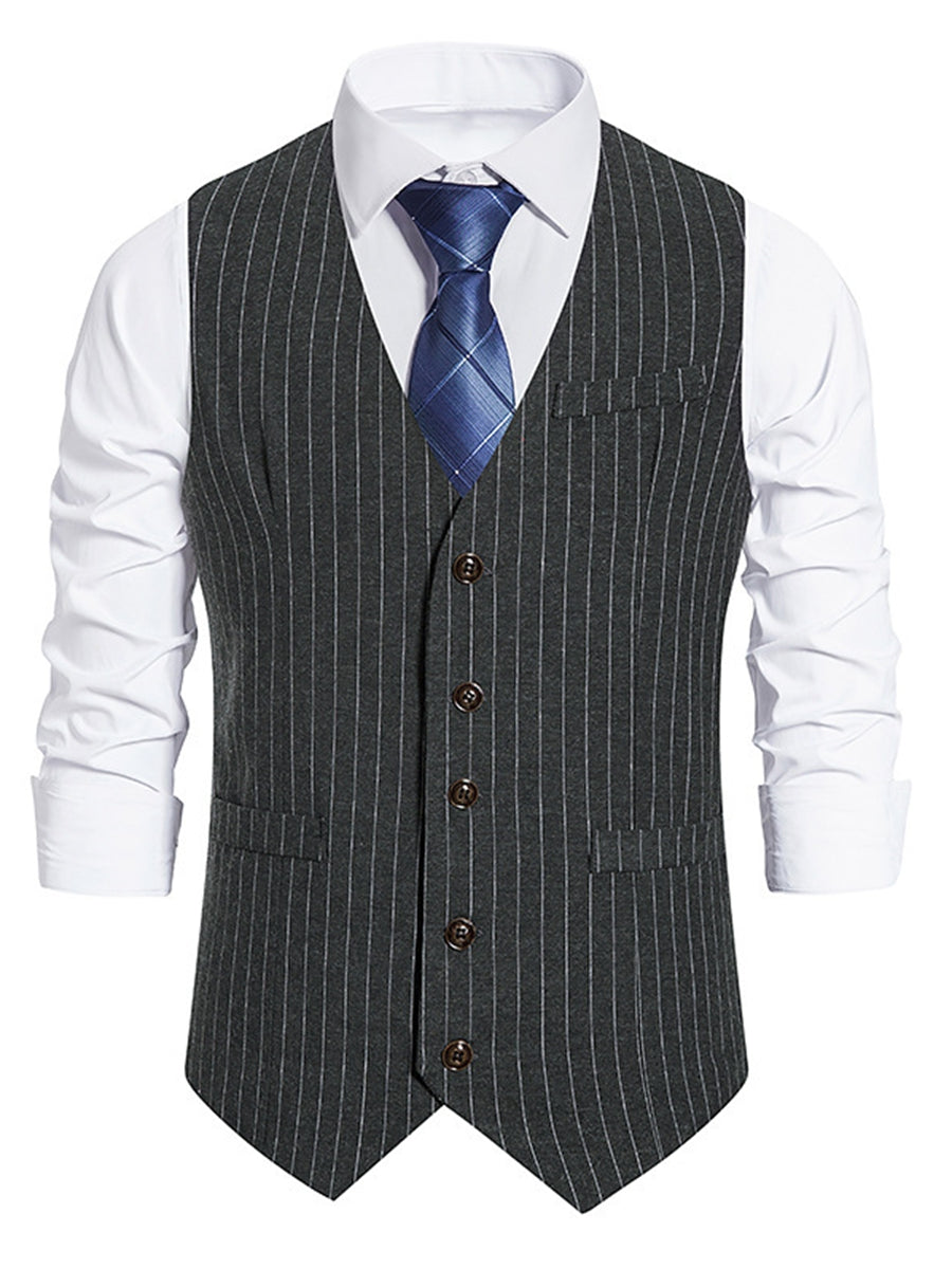 Black Men's Formal Striped Single Breasted Buttons Retro Vest, image size:900x1200
