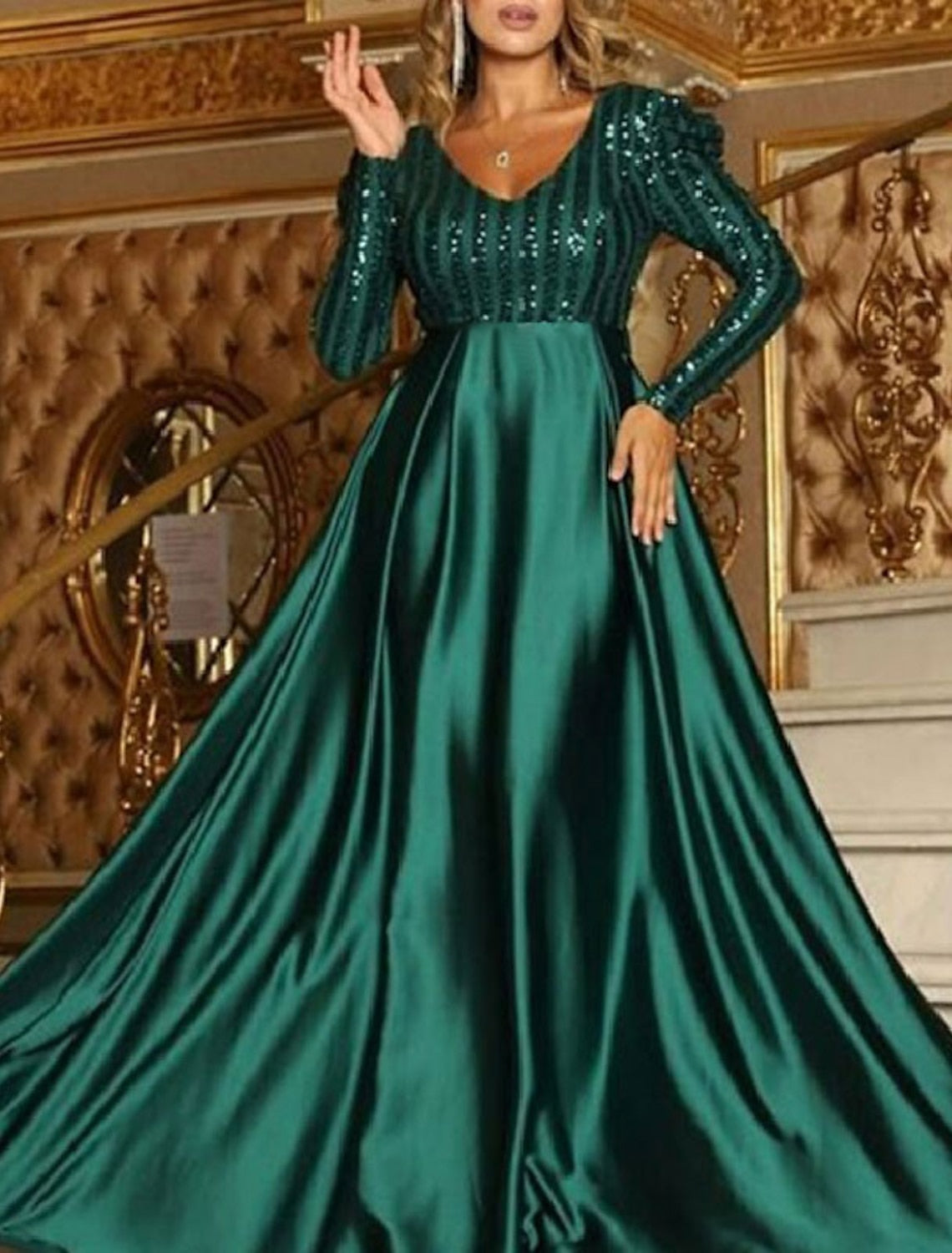 A-Line/Princess V-Neck Sleeveless Floor-length Sequined Evening Dresses with Pearls main image 1