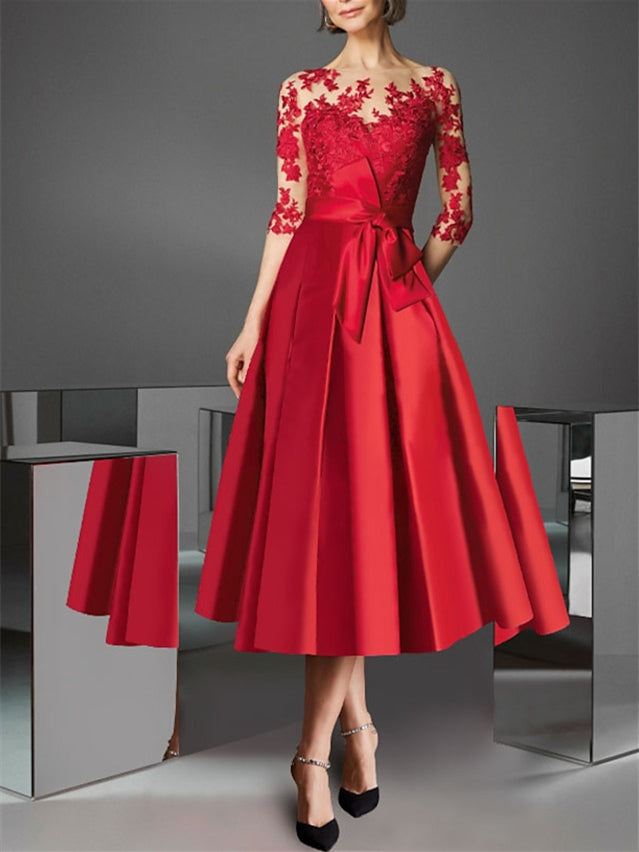 A-Line/Princess 3/4 Length Sleeves Tea Length Cocktail Dresses with Appliques