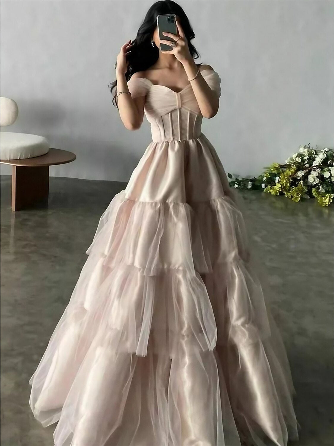 A-Line/Princess Off-the-Shoulder Applique Two Piece Long Formal Dresses