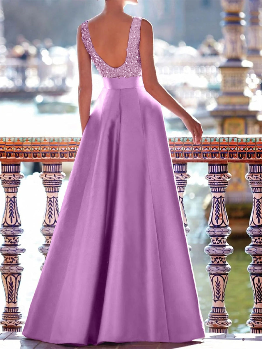 Simple A Line V Neck Sleeveless Lace Up Floor-Length Prom Dress main image 1