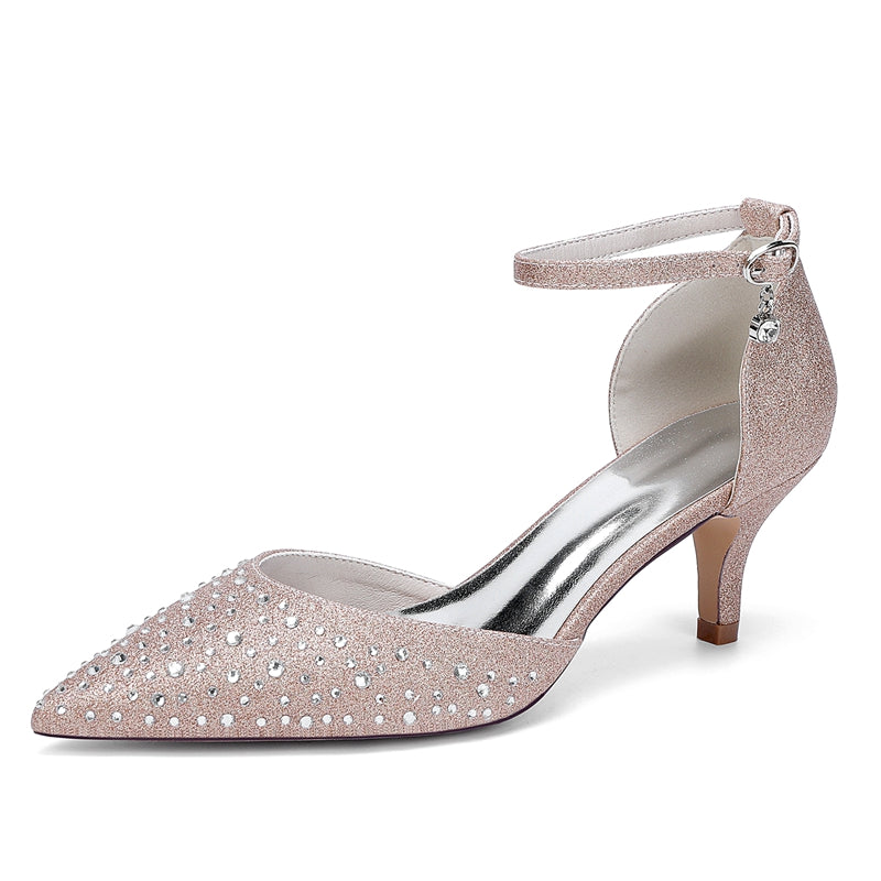 Women's Wedding Shoe Glitter Square Crystal Low Pointed Toe Buckle Bridal Shoes