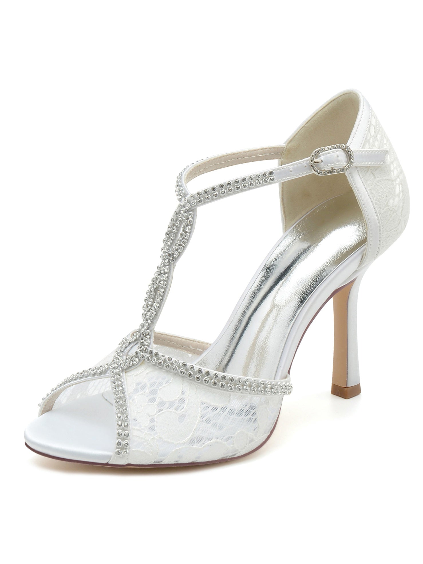 Women's Wedding Shoes Lace High Heel Open Toe Bridal Shoes - Mondressy