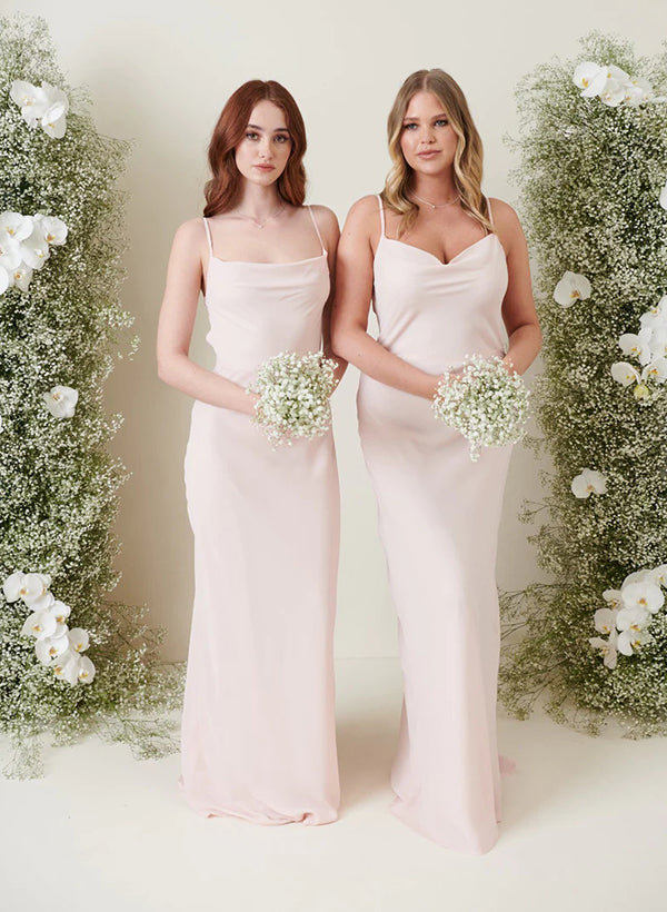 Sheath/Column Spaghetti Straps Pleated Lace-Up Long Bridesmaid Dresses with Split Side main image 1