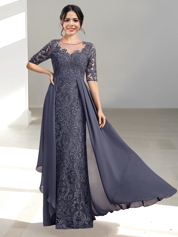 A-Line/Princess Scoop Floor-Length Plus Size Mother of the Bride Dresses with Pleated & Lace Appliques