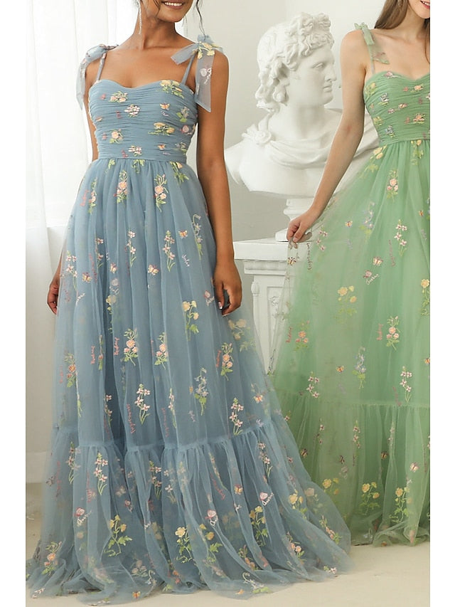 A-Line/Princess Spaghetti Straps Ruched Evening Dresses with Pleats & Flowers main image 0