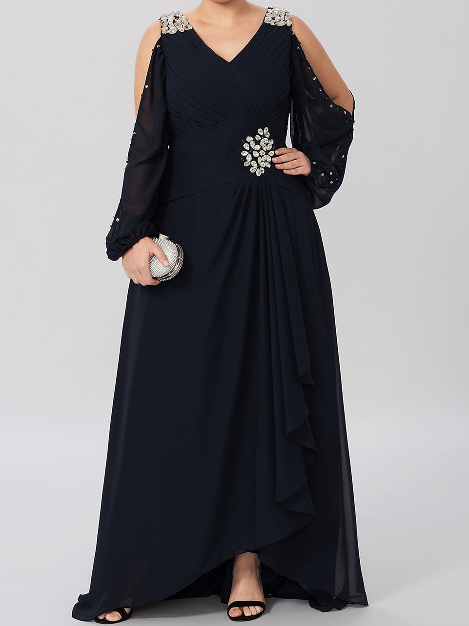 A-Line/Princess V-Neck Long Sleeves Mother of the Bride Dresses with Rhinestone & Ruffles
