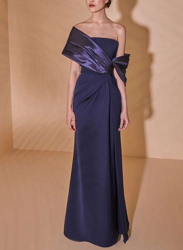 Sheath/Column Off-the-Shoulder Tea-Length Mother of the Bride Dresses With Short Train&3D Flower