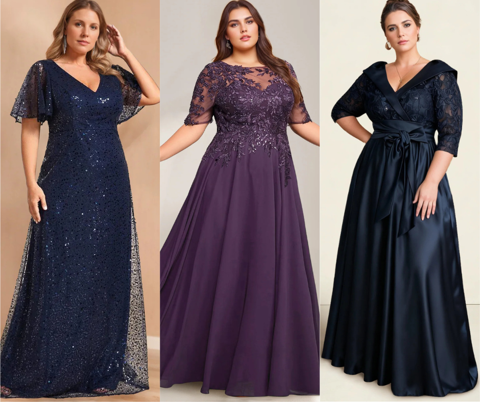slimming &  flattering plus size mother of the bride dresses that hide belly fat