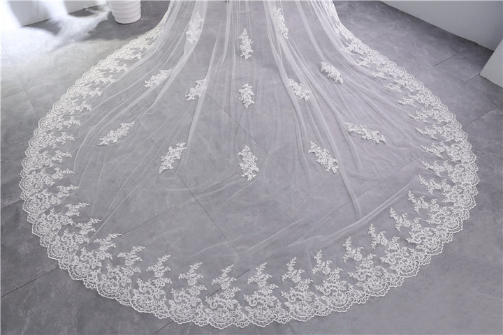 Two-tier Ultra Wide Lace Wedding Veil with Appliques