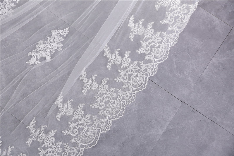 Two-tier Ultra Wide Lace Wedding Veil with Appliques