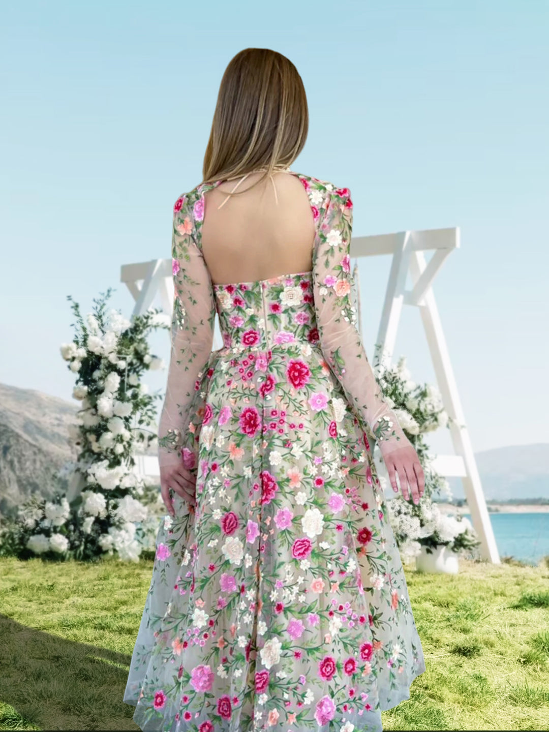 A-Line/Princess V-Neck Long Sleeves Long Formal Prom Floral Dresses With Flowers
