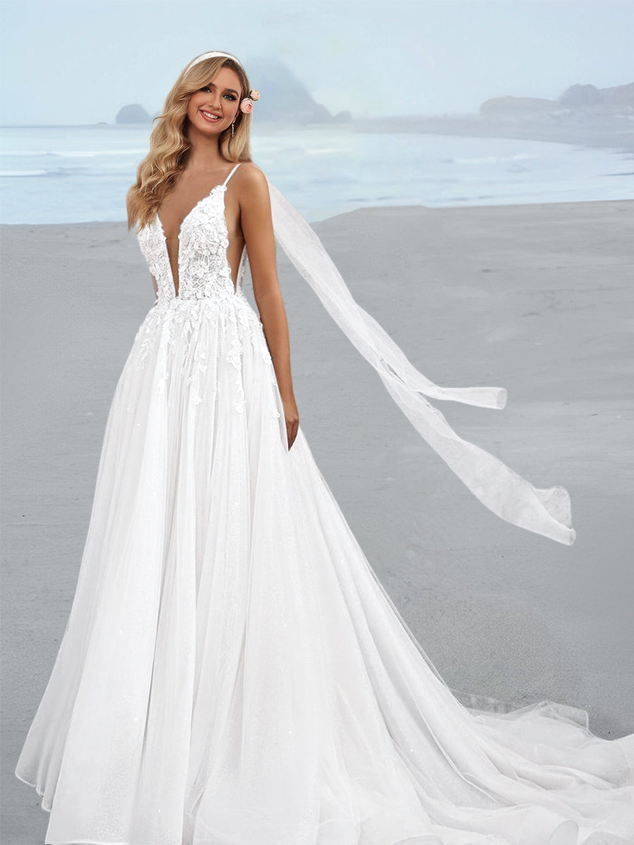 spaghetti strap princess wedding dress Applique Bridal Dresses 2026 Chic Women's Ball Gown Spaghetti Straps Deep V-Neck Backless Sleeveless Long Beach Wedding Gowns, White
