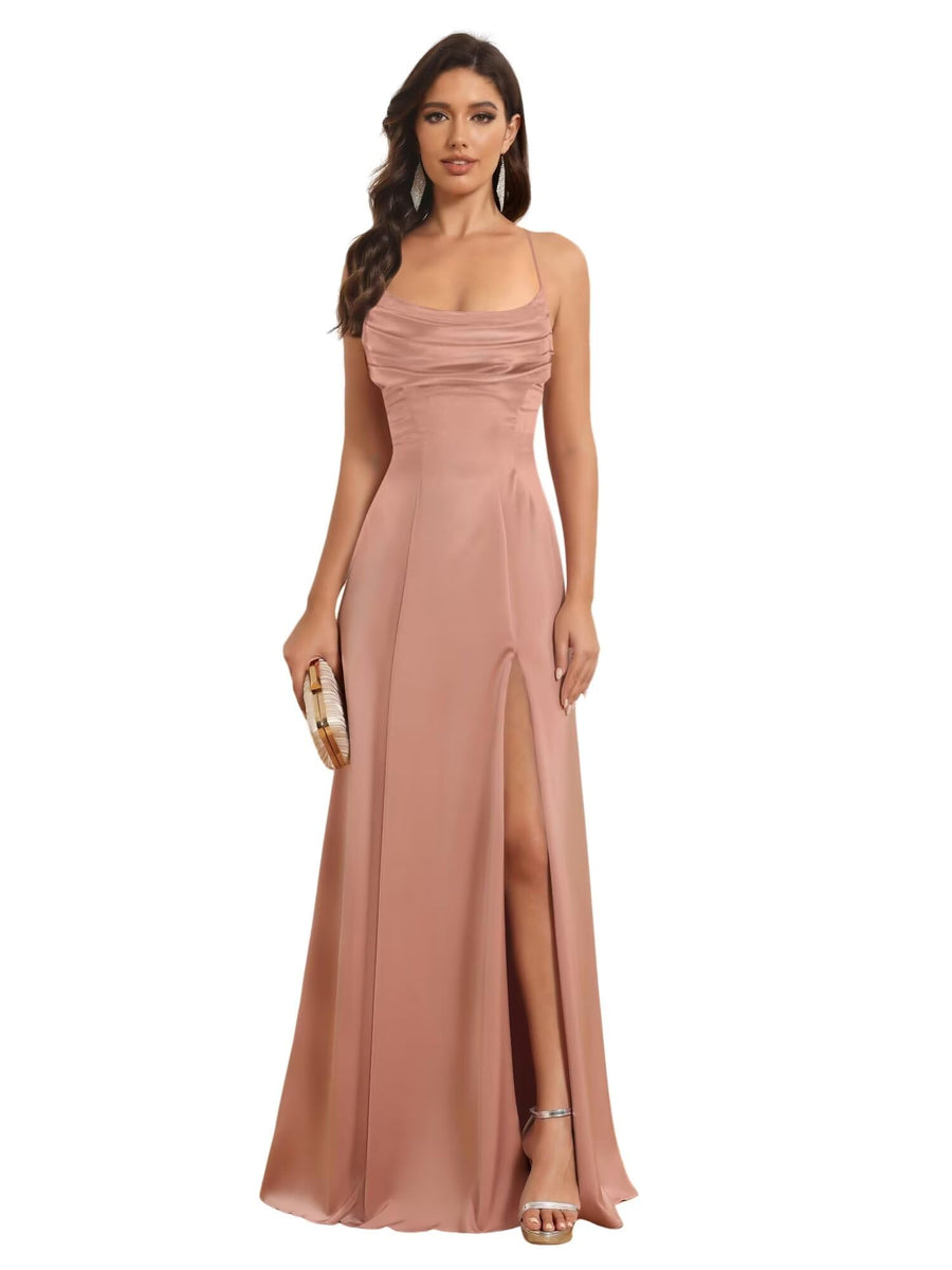 A-Line/Princess Spaghetti Straps Sleeveless Floor Length Bridesmaid Dresses Satin With Split Slide