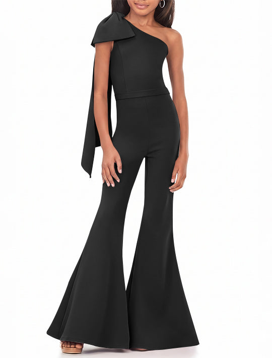 One-Shoulder Girls Prom Jumpsuits with Bowknot