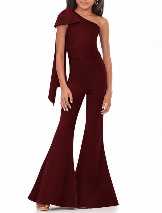 One-Shoulder Girls Prom Jumpsuits with Bowknot