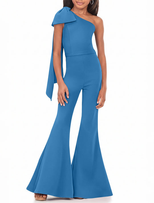 One-Shoulder Girls Prom Jumpsuits with Bowknot