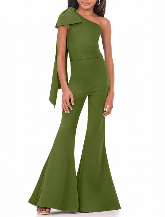 One-Shoulder Girls Prom Jumpsuits with Bowknot